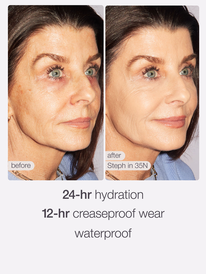 Before and after comparison of a woman's face with cosmetic product effects.