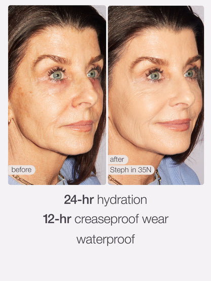 Before and after comparison of a woman's face with cosmetic product effects.