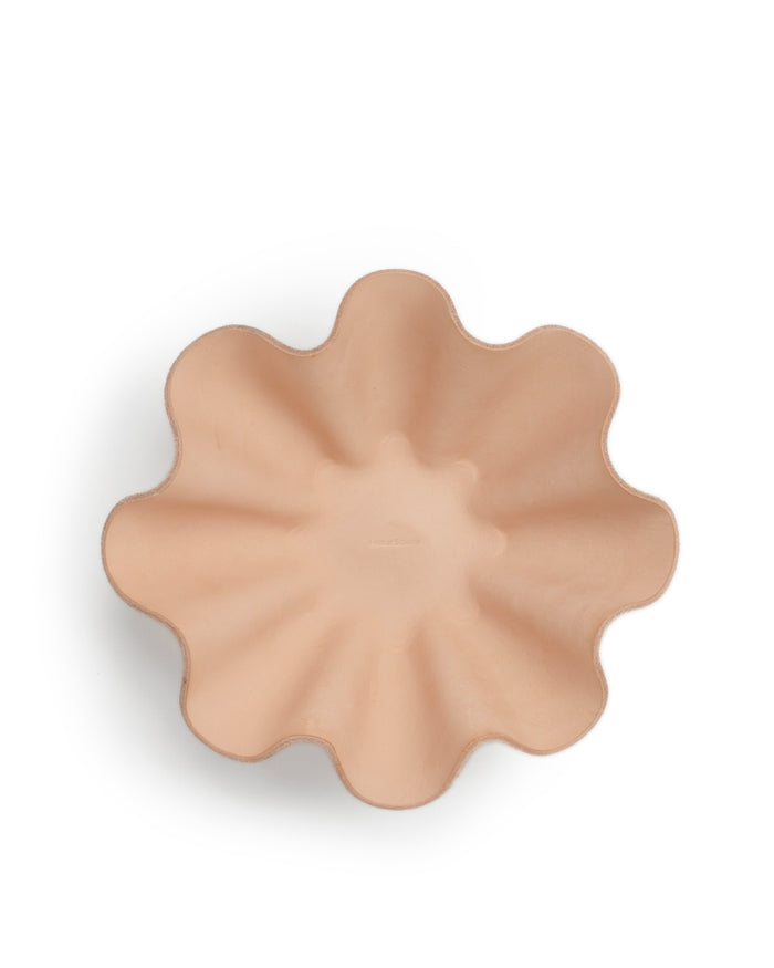 Top View of Leather Shell Bowl by Hender Scheme in large on a white background