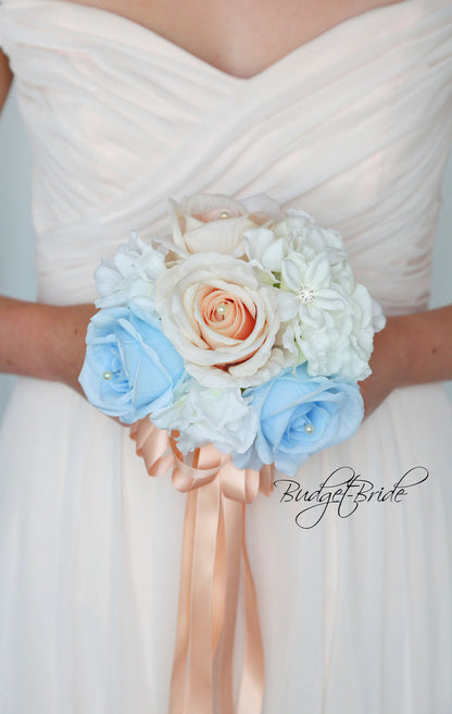 Silk Wedding Bouquet in Blue and Peach - $39.50 | Farah Collection