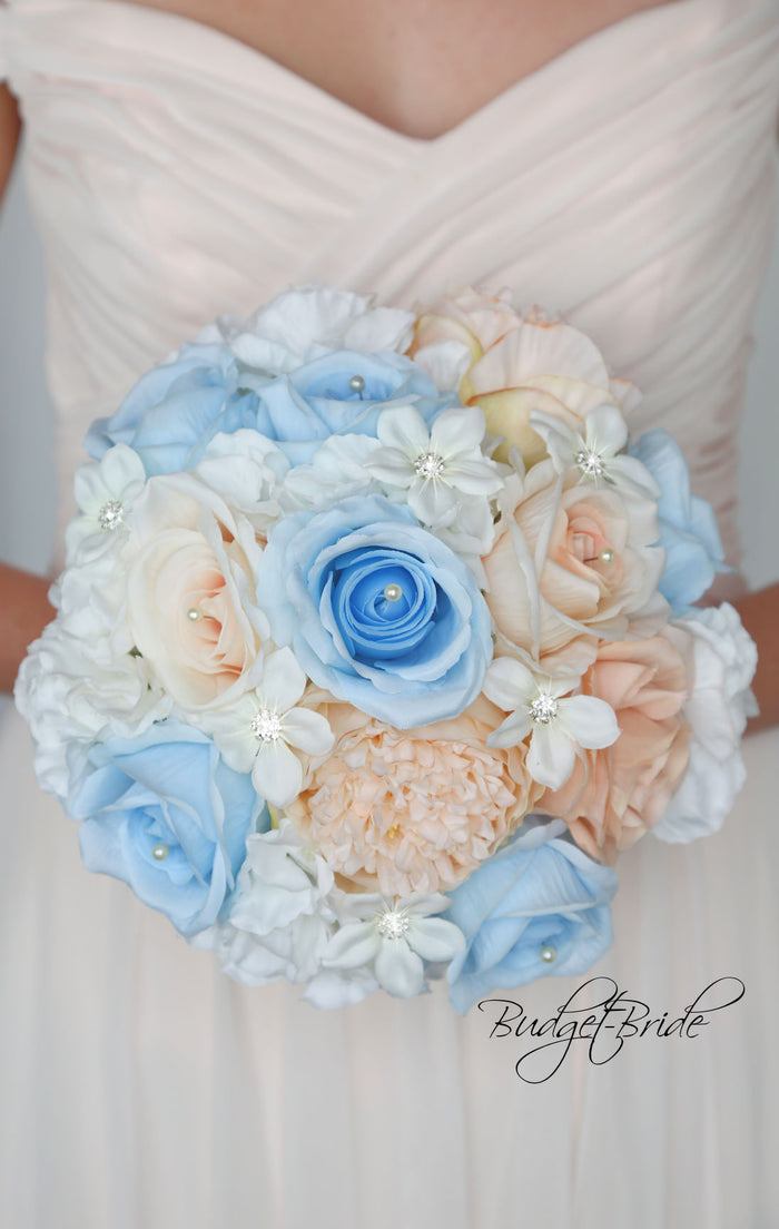 Silk Wedding Bouquet in Blue and Peach - $58.50 | Farah Collection