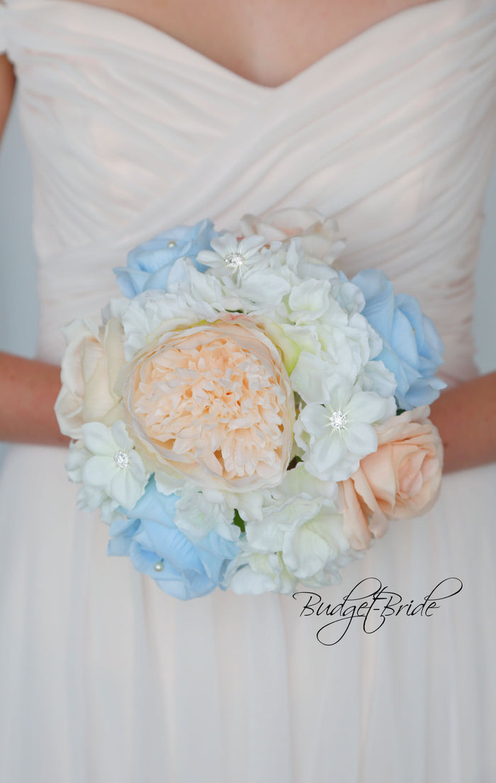 Silk Wedding Bouquet in Blue and Peach - $58.50 | Farah Collection