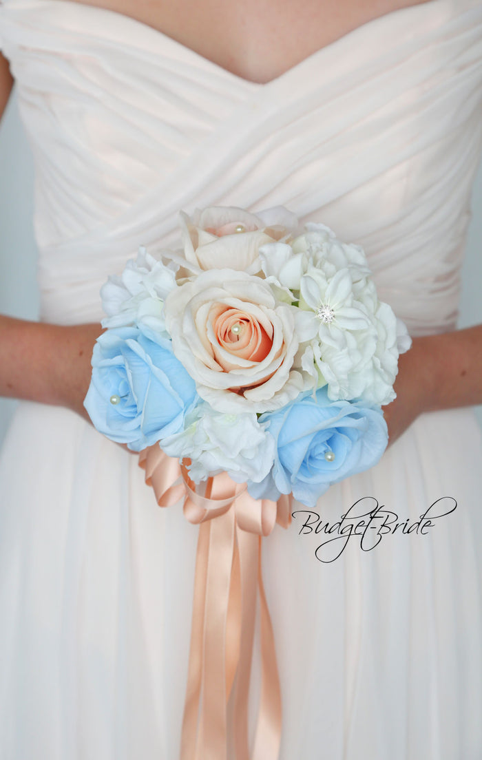 Silk Wedding Bouquet in Blue and Peach - $58.50 | Farah Collection