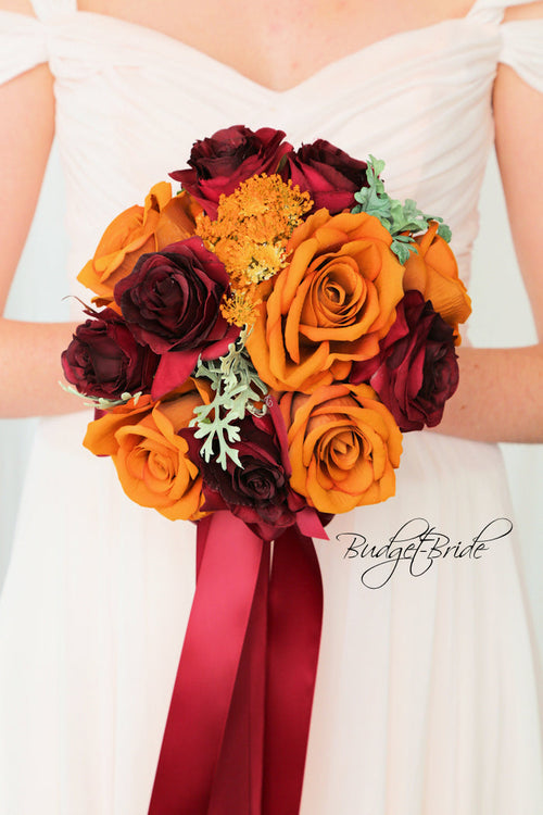 Silk Wedding Bouquet in Burgundy and Mustard - $115.00 | Finch Collection