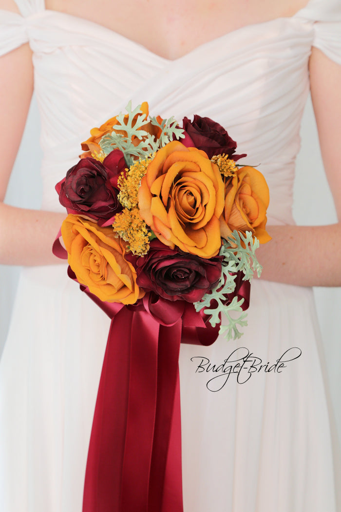 Silk Wedding Bouquet in Burgundy and Mustard - $115.00 | Finch Collection