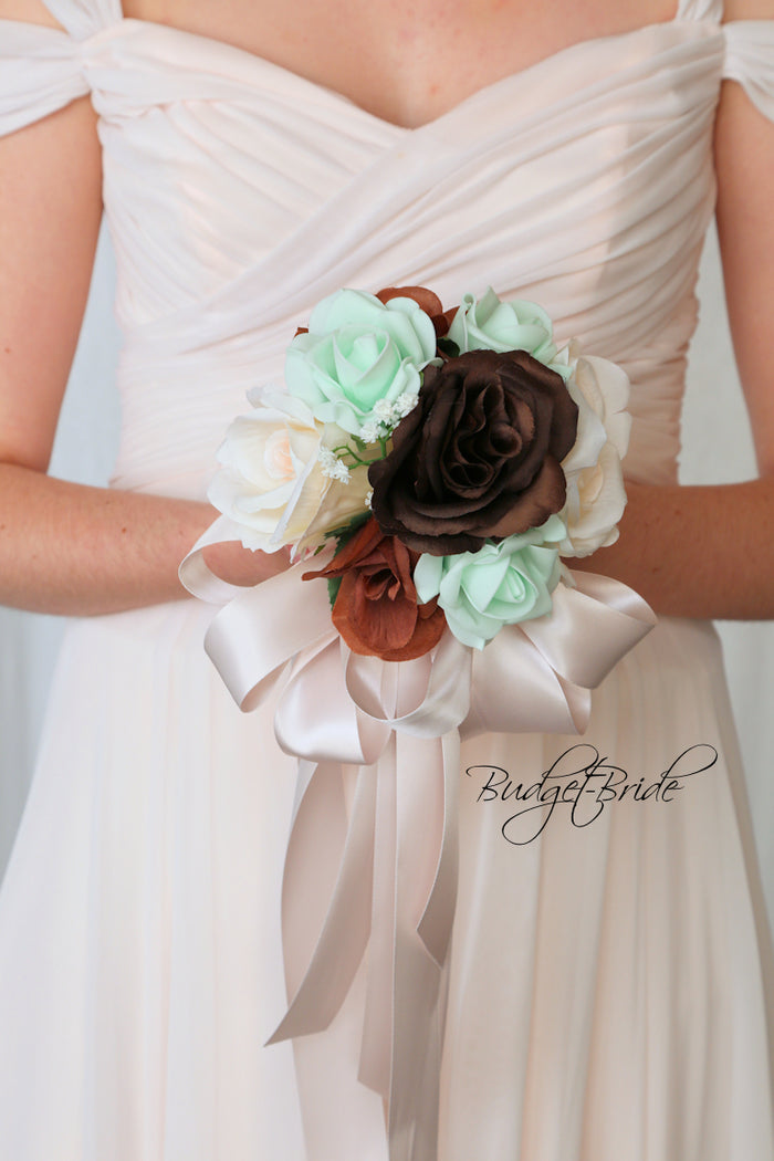 Silk Wedding Bouquet in Mint and Brown - $170.00 | Flagstaff Collection