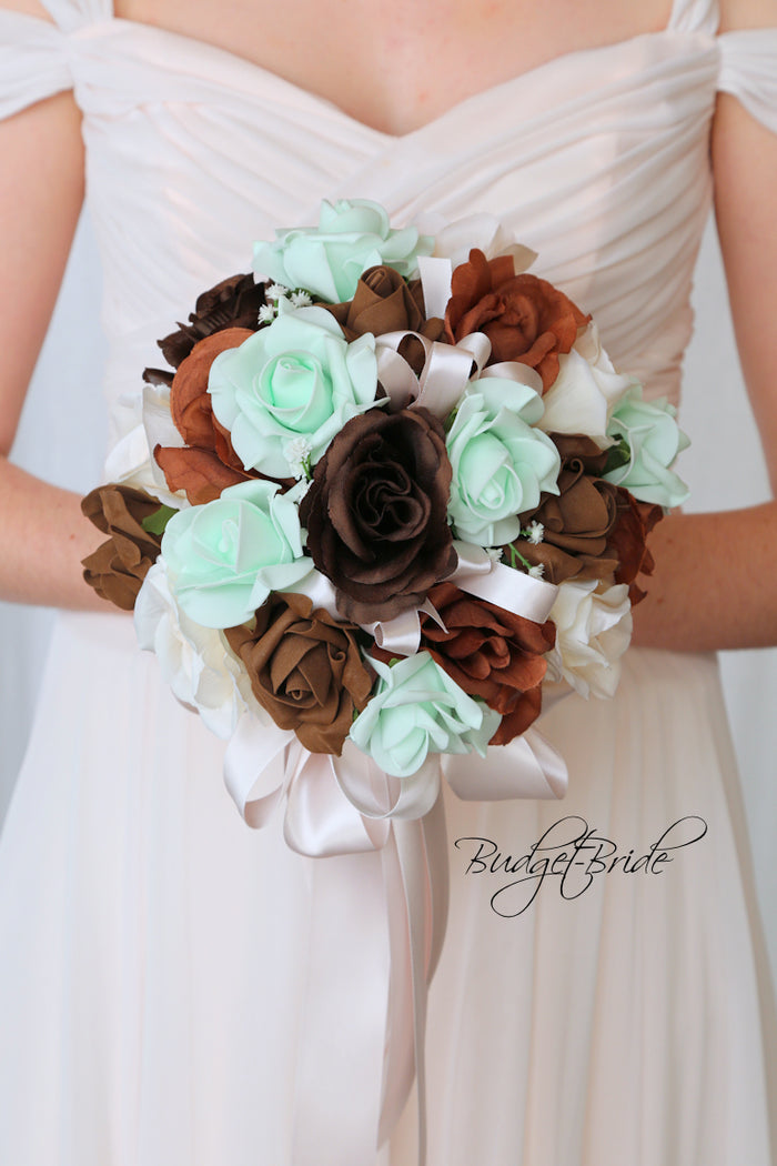 Silk Wedding Bouquet in Mint and Brown - $39.50 | Flagstaff Collection