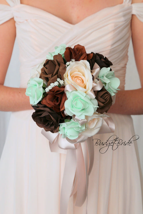Silk Wedding Bouquet in Mint and Brown - $58.50 | Flagstaff Collection