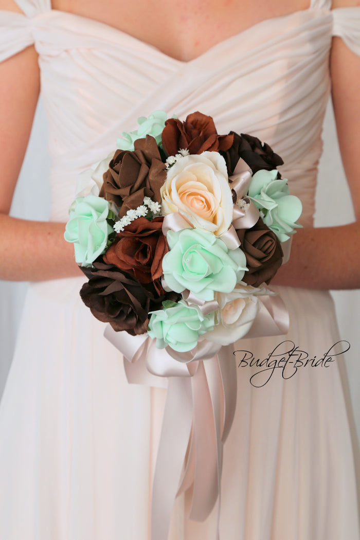 Silk Wedding Bouquet in Mint and Brown - $58.50 | Flagstaff Collection