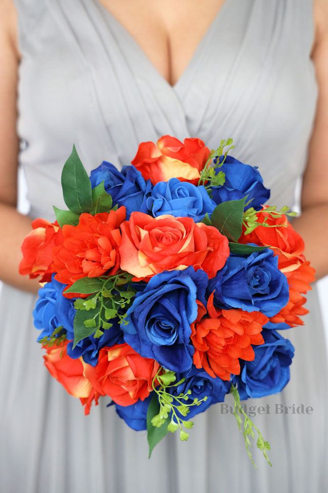 Silk Wedding Bouquet in Orange and Blue - $170.00 | Robson Collection