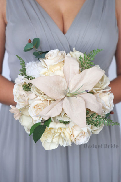 Silk Wedding Bouquet in White and Beige - $195.00 | Kimberly Collection