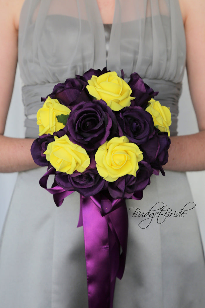 Silk Wedding Bouquet in Yellow and Plum - $58.50 | Copeland Collection