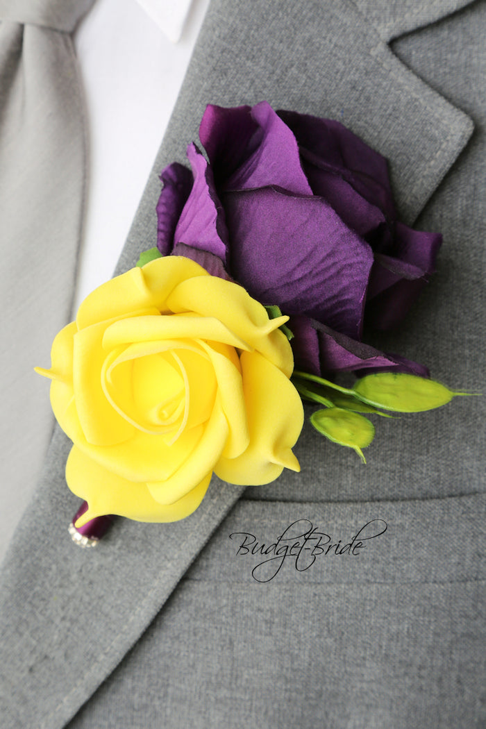 Silk Wedding Bouquet in Yellow and Plum - $58.50 | Copeland Collection