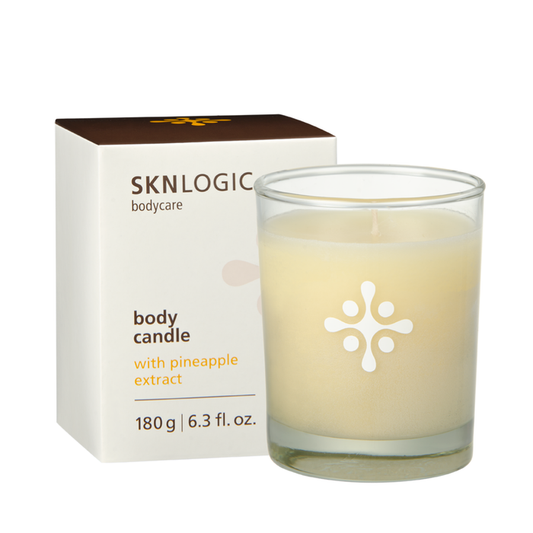 SKN071A SKNLOGIC Pineapple Soy Body Massage Candle | A SKNLOGIC body care body candle in a clear glass jar with a white flower-like logo, shown next to its white packaging box with brown and orange text.