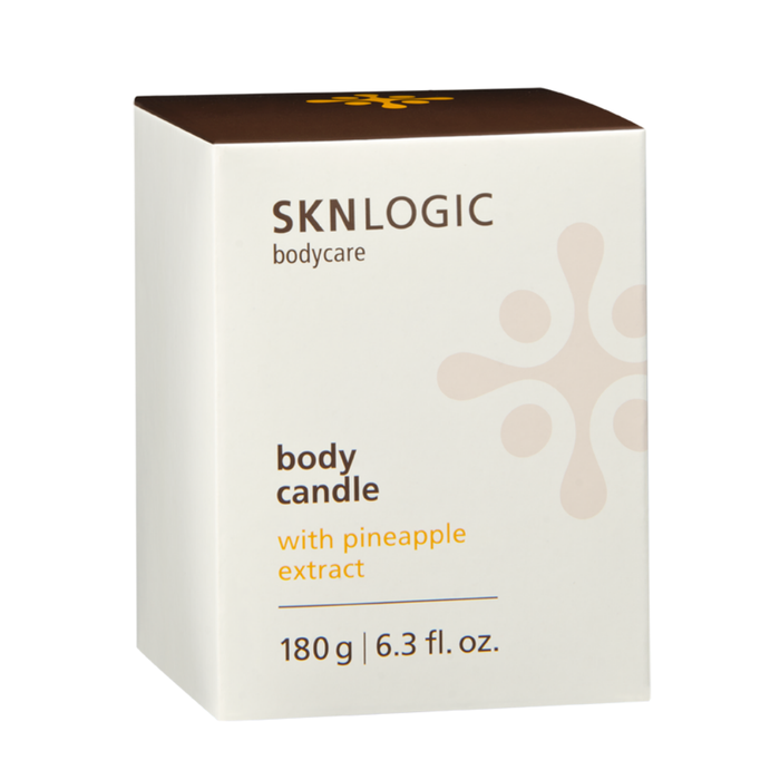 SKN071A SKNLOGIC Pineapple Soy Body Massage Candle | A white rectangular box of SKNLOGIC body care body candle with pineapple extract, featuring a dark brown top lid and light peach decorative graphic on a white background.