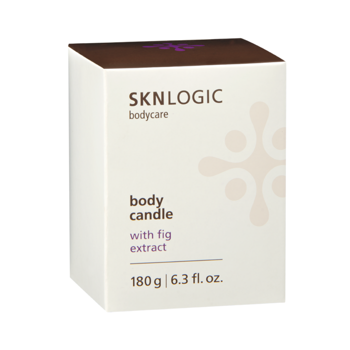 SKN071A SKNLOGIC Fig Soy Body Massage Candle | A white rectangular box of SKNLOGIC body care body candle with fig extract, featuring a dark brown top lid and purple text accents, on a plain white background.