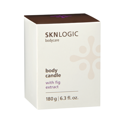 SKN071A SKNLOGIC Fig Soy Body Massage Candle | A white rectangular box of SKNLOGIC body care body candle with fig extract, featuring a dark brown top lid and purple text accents, on a plain white background.