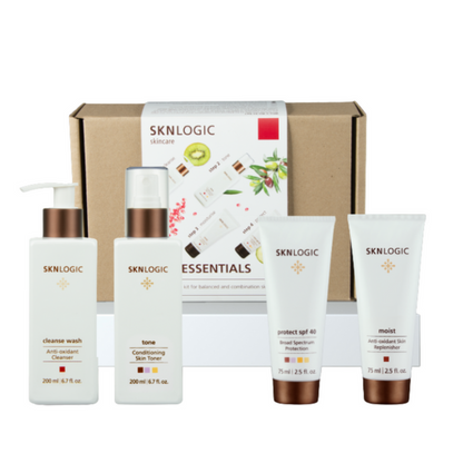 SKNKIT007 SKNLOGIC Normal Combination Skin Essential Skincare Kit |Set of SknLogic skincare products including cleanser, toner, and moisturizer with a branded box in the background.