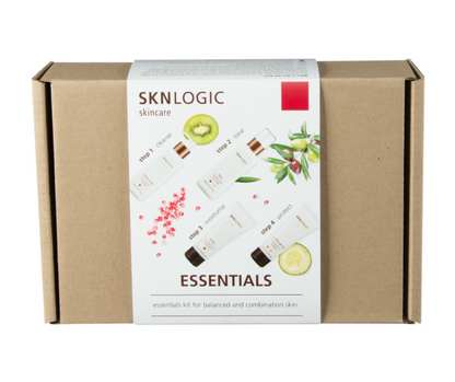 SKNKIT007 SKNLOGIC Normal Combination Skin Essential Retail Kit | A boxed Sknlogic skin care essentials kit, with the kit's contents listed as including a cleansing wash, tone, moist, and protect SPF40 products, indicative of normal and combination skin types.