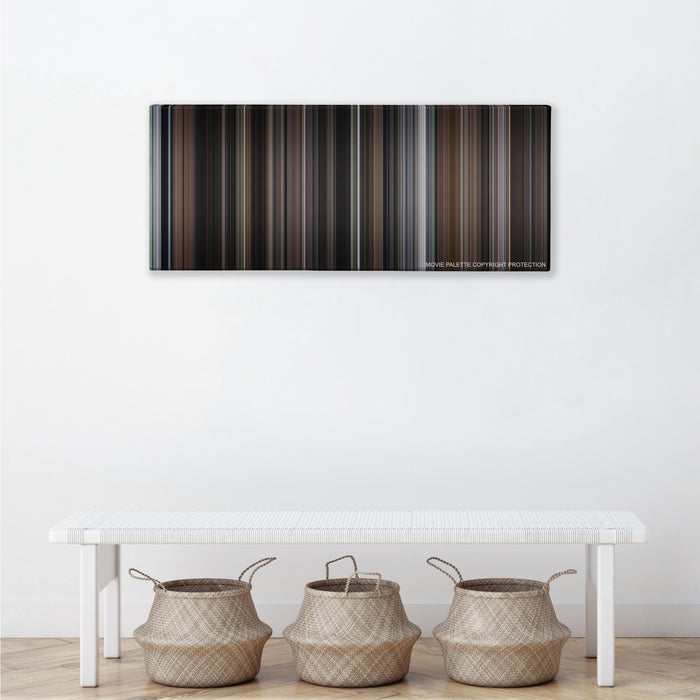Sleepless in Seattle color palette canvas above a white bench with three woven baskets