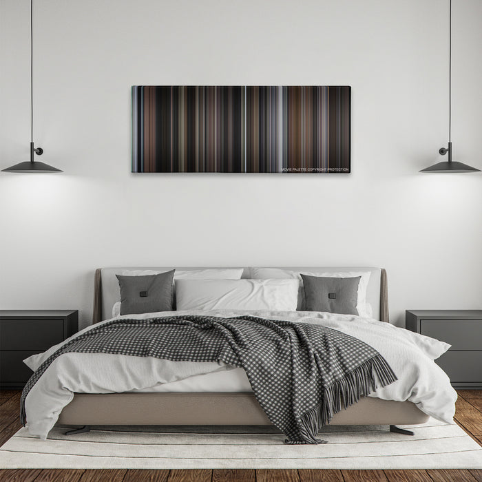 Sleepless in Seattle color palette canvas above a bed, between two black pendant lamps