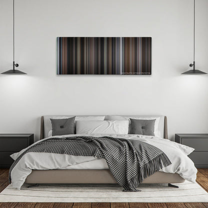 Sleepless in Seattle color palette canvas above a bed, between two black pendant lamps