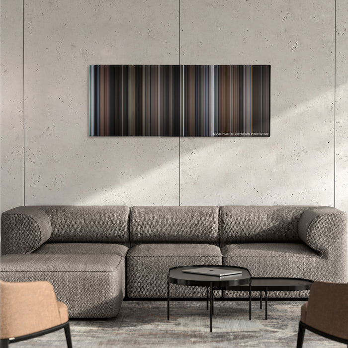 Sleepless in Seattle color palette canvas on a concrete wall above a gray sectional sofa