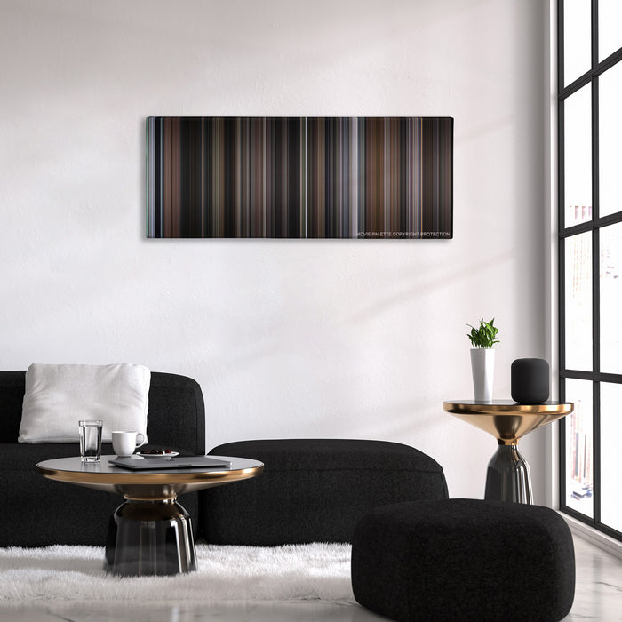 Sleepless in Seattle color palette canvas above a black sofa with a gold-topped table