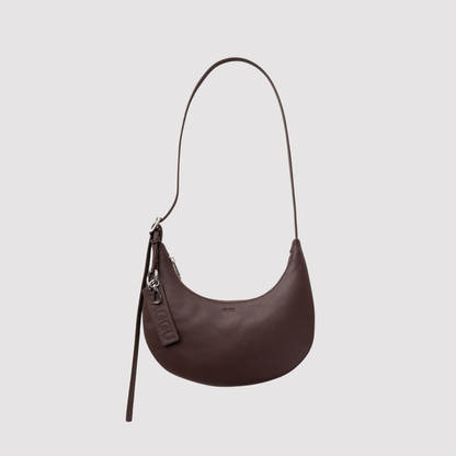 Brown recycled leather crescent hobo bag with zip-top and hanging strap pull
