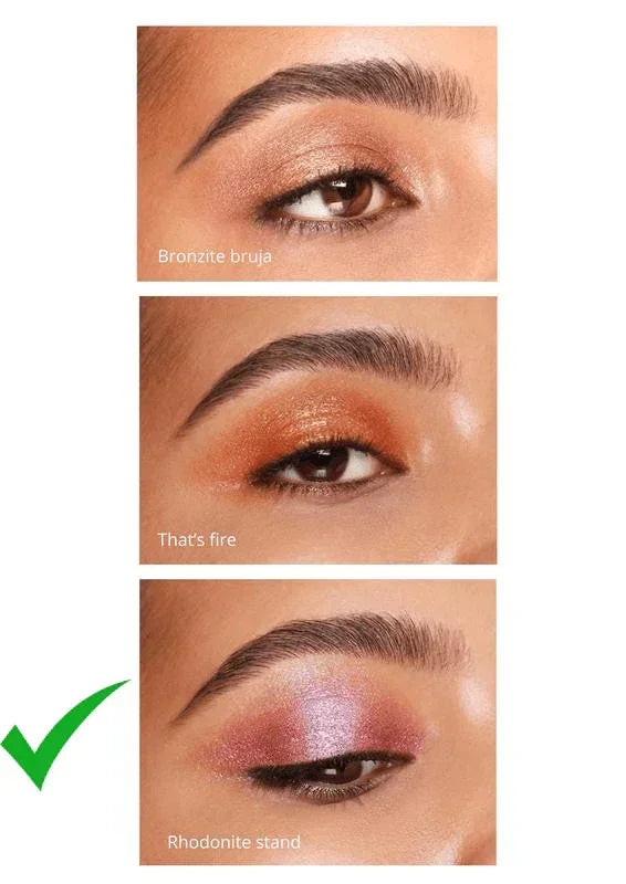 Three eyeshadow looks on eyelids: bronze, copper shimmer, and pink shimmer Rhodonite Stand.