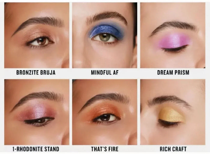 Six eyeshadow swatches on eyelids in bronze, blue, pink, purple, orange, and yellow shades