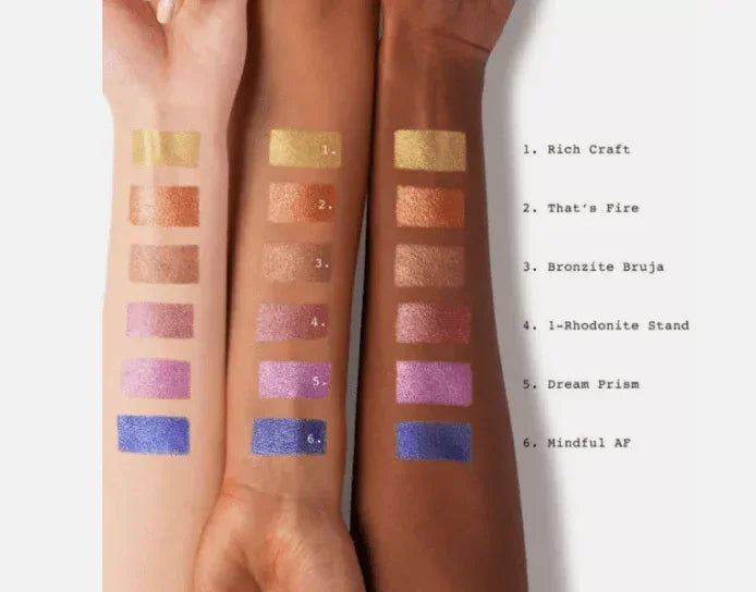 Swatches of pink shimmer eyeshadow shades on three skin tones, labeled with shade names.