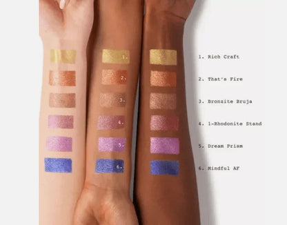 Swatches of pink shimmer eyeshadow shades on three skin tones, labeled with shade names.