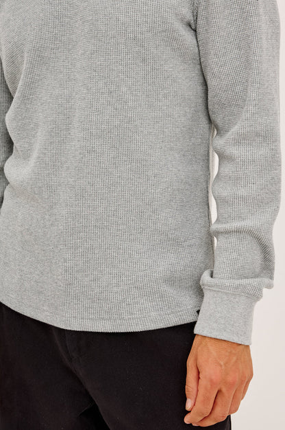 Smith Thermal in Micro-Waflle Cotton Knit With Ribbed Crew Neckline and Cuffs, and Long Sleeves in Heather Grey Colorway - Upper Mid Front View Featured on Model
