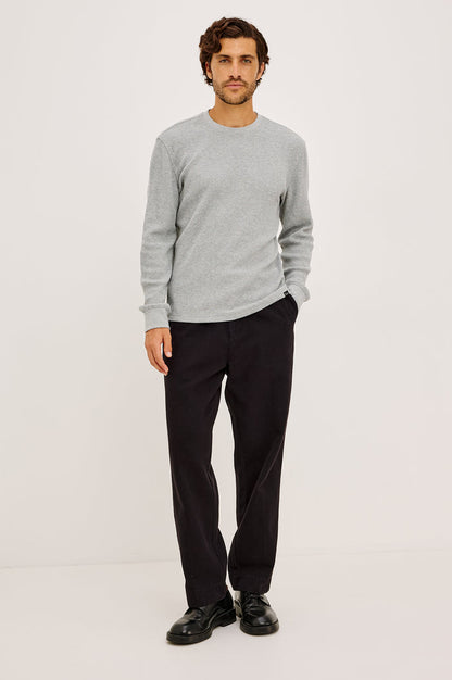 Smith Thermal in Micro-Waflle Cotton Knit With Ribbed Crew Neckline and Cuffs, and Long Sleeves in Heather Grey Colorway - Full Body Front View Featured on Model
