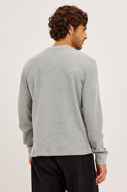 Smith Thermal in Micro-Waflle Cotton Knit With Ribbed Crew Neckline and Cuffs, and Long Sleeves in Heather Grey Colorway - Upper Body Back View Featured on Model