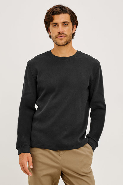 Smith Thermal in Micro-Waflle Cotton Knit With Ribbed Crew Neckline and Cuffs, and Long Sleeves in Onyx Colorway - Upper Body Front View Featured on Model