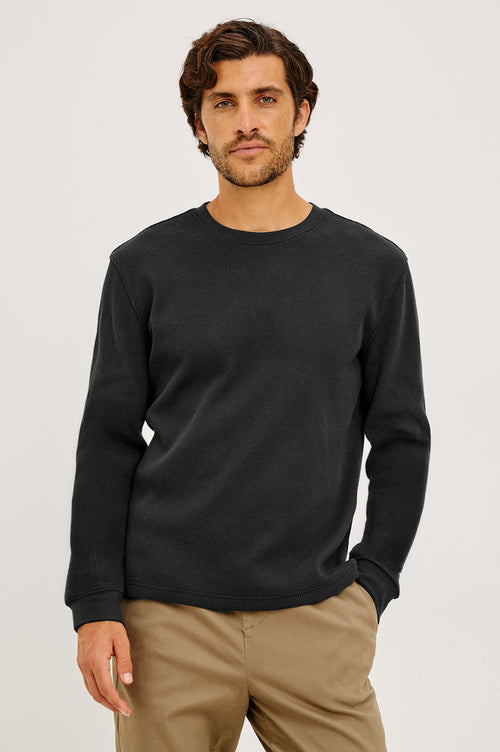 Smith Thermal in Micro-Waflle Cotton Knit With Ribbed Crew Neckline and Cuffs, and Long Sleeves in Onyx Colorway - Upper Body Front View Featured on Model