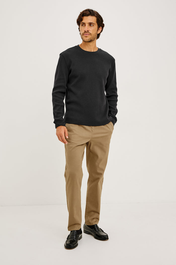 Smith Thermal in Micro-Waflle Cotton Knit With Ribbed Crew Neckline and Cuffs, and Long Sleeves in Onyx Colorway - Full Body Front View Featured on Model