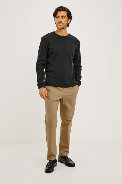 Smith Thermal in Micro-Waflle Cotton Knit With Ribbed Crew Neckline and Cuffs, and Long Sleeves in Onyx Colorway - Full Body Front View Featured on Model