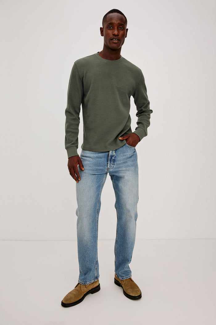 Smith Thermal in Micro-Waflle Cotton Knit With Ribbed Crew Neckline and Cuffs, and Long Sleeves in Pine Needle Colorway - Full Body Front View Featured on Model