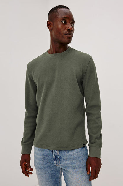Smith Thermal in Micro-Waflle Cotton Knit With Ribbed Crew Neckline and Cuffs, and Long Sleeves in Pine Needle Colorway - Upper Body Front View Featured on Model