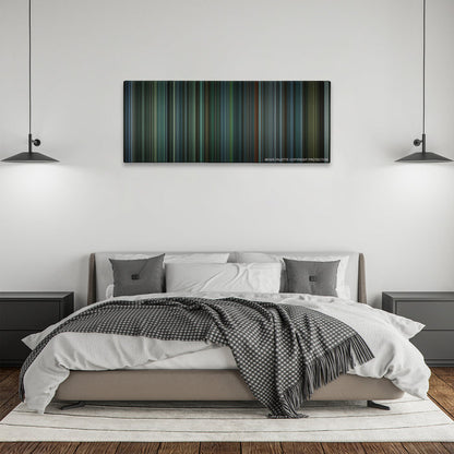 Snatch color palette canvas above a bed, between two black pendant lamps