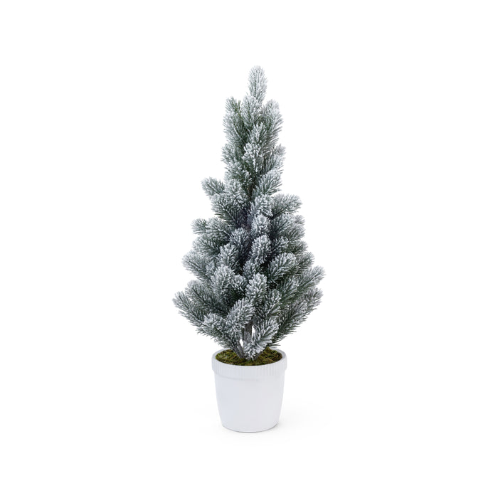 Snow Covered Flocked Tree in White Concrete Pot