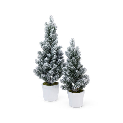 Snow Covered Flocked Tree in White Concrete Pot
