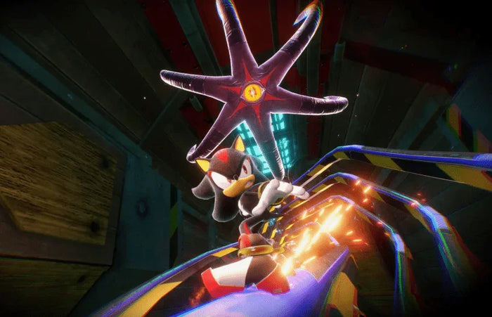 Shadow the Hedgehog grinding a rail, dodging a purple star enemy in Sonic video game