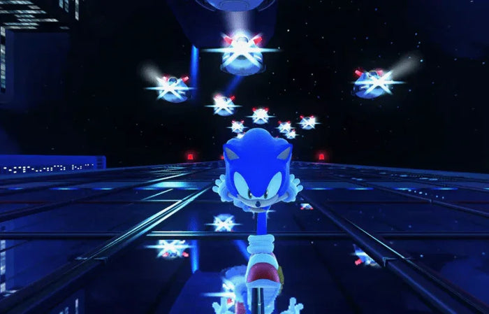 Sonic running at night on a futuristic cityscape with flying drones in a video game scene