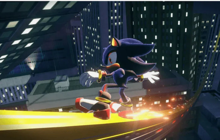 Shadow the Hedgehog grinding on a rail in a cityscape from Sonic X Shadow Generations for Xbox Series X