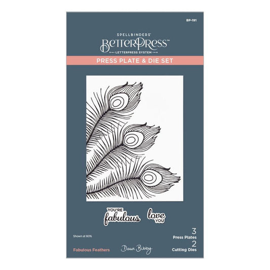 Spellbinders - BetterPress Press Plate & Die - Set By Dawn Bibby - Fabulous Feathers. Fabulous Feathers Press Plate & Die Set is part of the Peacock Paradise Collection by Dawn Bibby. Available at Embellish Away located in Bowmanville Ontario Canada.