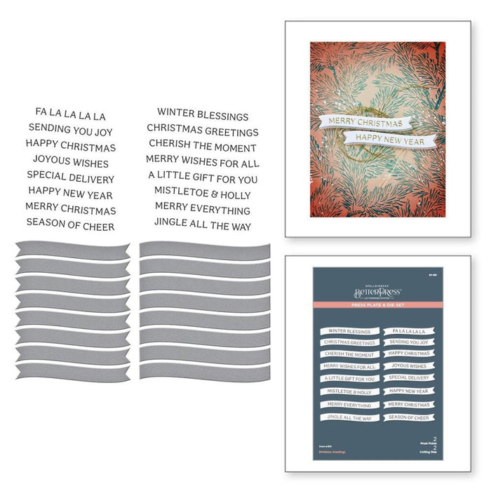 Spellbinders - BetterPress Press Plate & Die Set - Mistletoe Greetings. To save time, this set of two press plates each imprint eight fun holiday sentiments for a total of 16 greetings. Available at Embellish Away located in Bowmanville Ontario Canada.